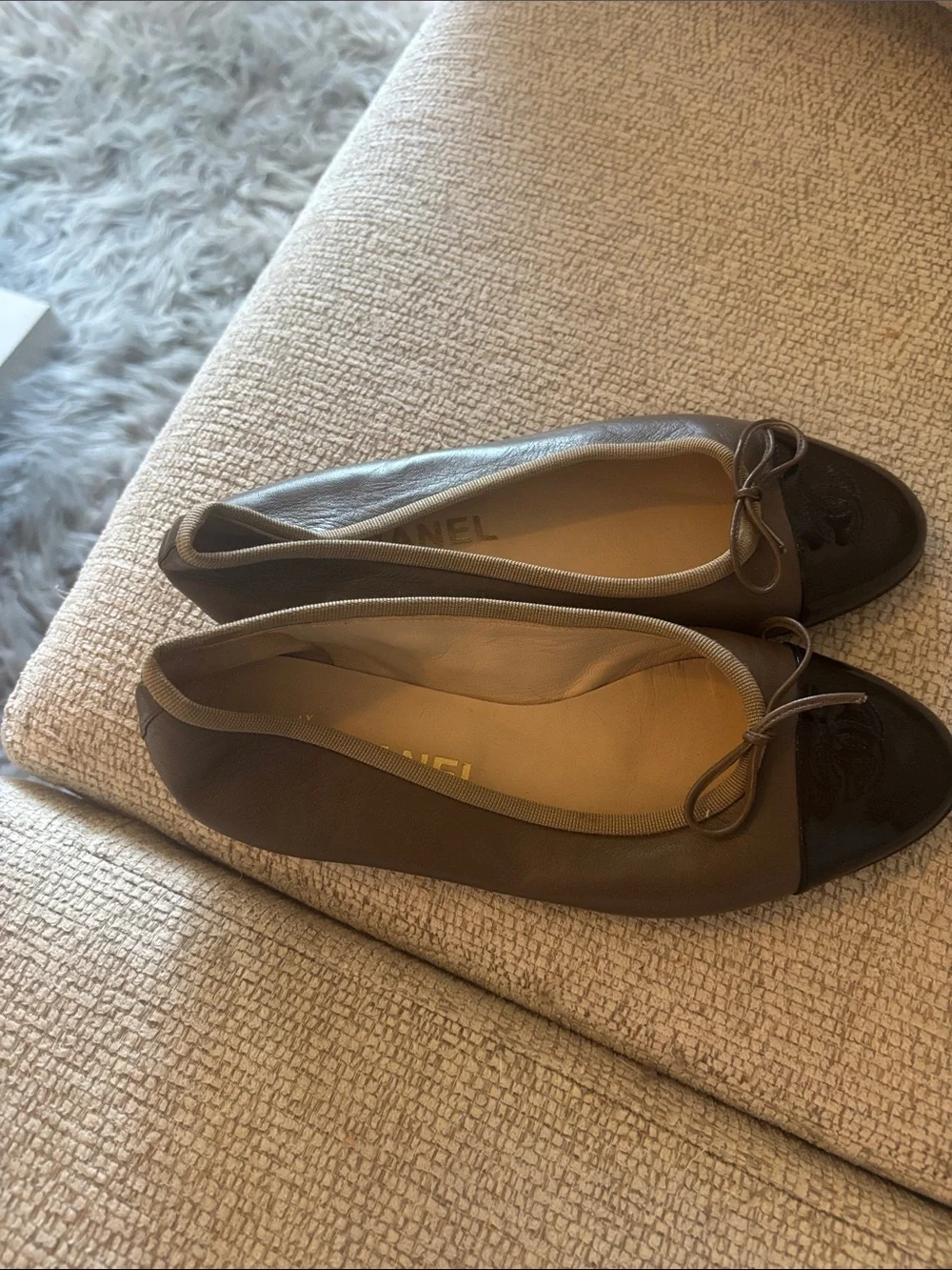 CHANEL Taupe Leather Ballet Flats with Black Patent Cap Toe